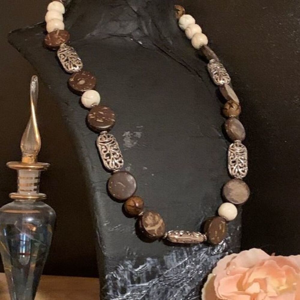 Handmade Carved Silver Filigree, Carved Imitation Bone and Wood Necklace 18"